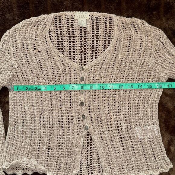 Sigrid Olsen XS Oatmeal Open-Stitch Crochet Cardigan Sweater MOP Buttons - Picture 3 of 6